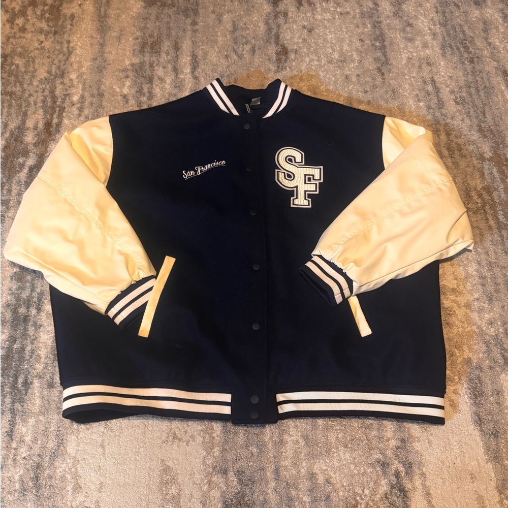 H&M Navy and Cream Varsity Bomber Jacket